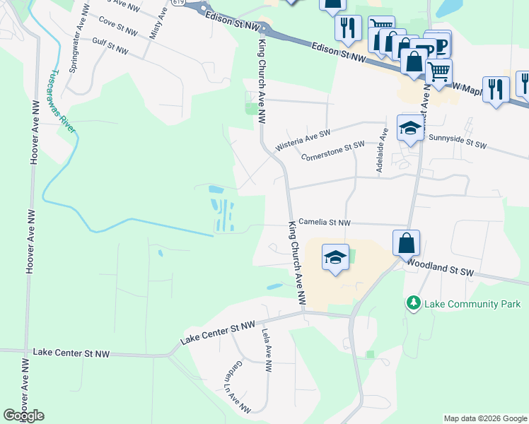 map of restaurants, bars, coffee shops, grocery stores, and more near 12125 King Church Avenue Northwest in Uniontown