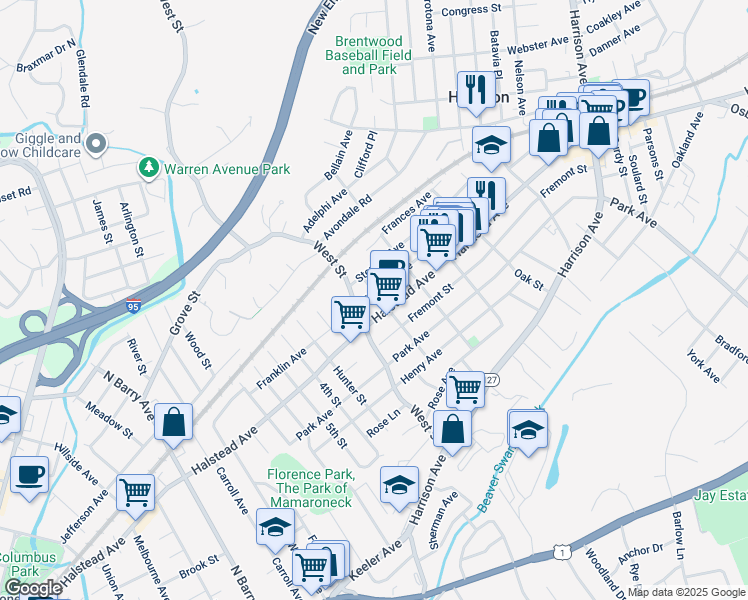 map of restaurants, bars, coffee shops, grocery stores, and more near 59 Franklin Avenue in Harrison