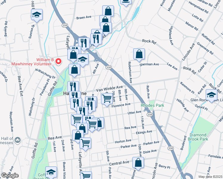 map of restaurants, bars, coffee shops, grocery stores, and more near 208 Van Winkle Avenue in Hawthorne