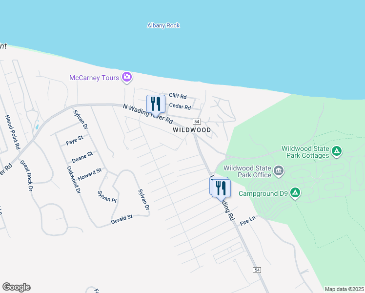 map of restaurants, bars, coffee shops, grocery stores, and more near 16 Wildwood Road in Wading River