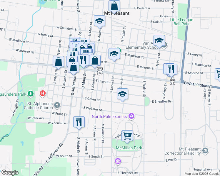map of restaurants, bars, coffee shops, grocery stores, and more near 300-398 S Locust St in Mt Pleasant