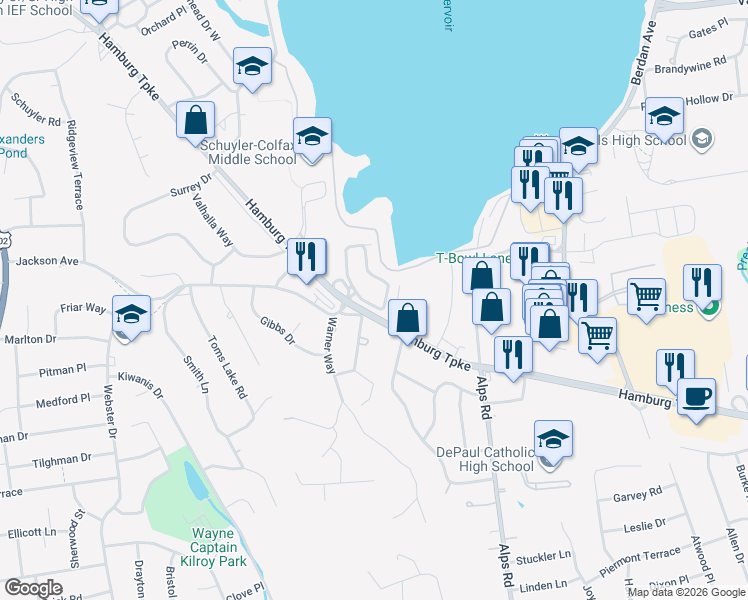 map of restaurants, bars, coffee shops, grocery stores, and more near 117 Levinberg Lane in Wayne