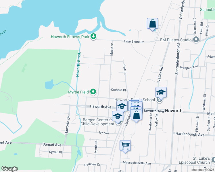 map of restaurants, bars, coffee shops, grocery stores, and more near 254 Maple Street in Haworth