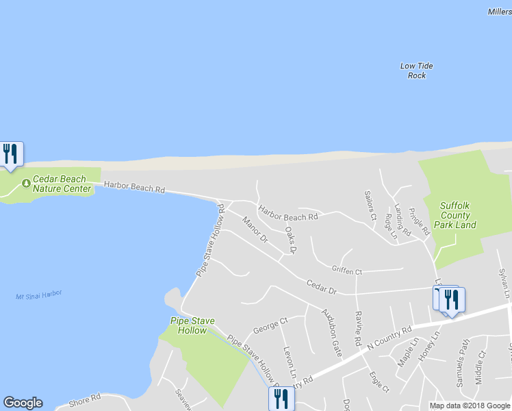 map of restaurants, bars, coffee shops, grocery stores, and more near 76 Harbor Beach Road in Miller Place