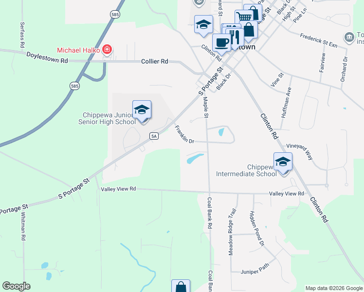map of restaurants, bars, coffee shops, grocery stores, and more near 580 Franklin Drive in Doylestown