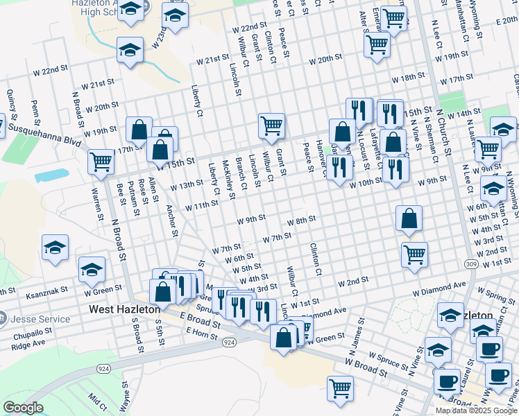 map of restaurants, bars, coffee shops, grocery stores, and more near 702 Lincoln Street in Hazleton