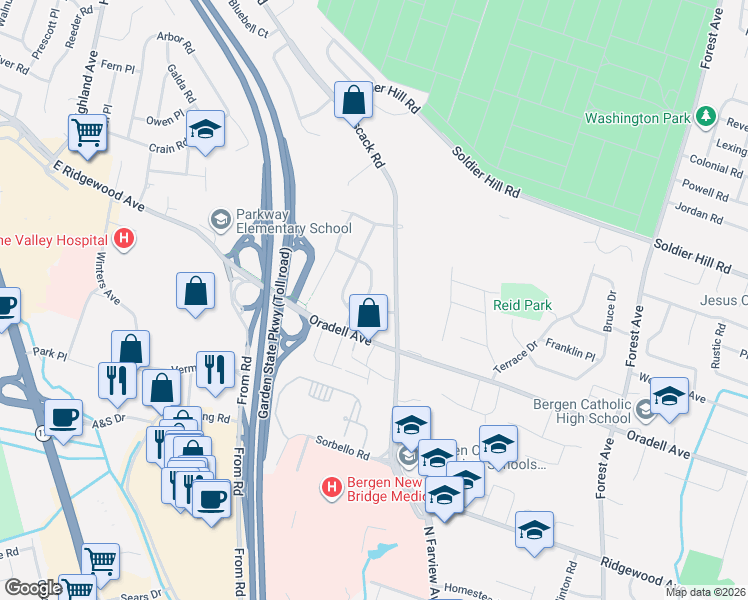map of restaurants, bars, coffee shops, grocery stores, and more near 654 Swarthmore Lane in Paramus