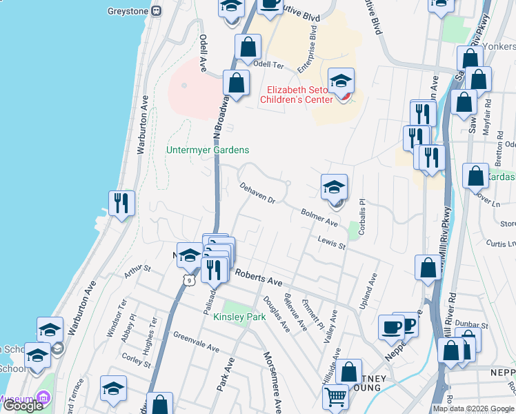 map of restaurants, bars, coffee shops, grocery stores, and more near 28 Dehaven Drive in Yonkers