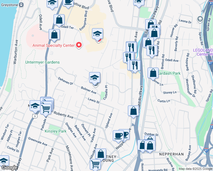 map of restaurants, bars, coffee shops, grocery stores, and more near 19 Corbalis Place in Yonkers