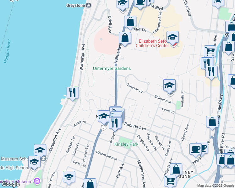 map of restaurants, bars, coffee shops, grocery stores, and more near 830 North Broadway in Yonkers