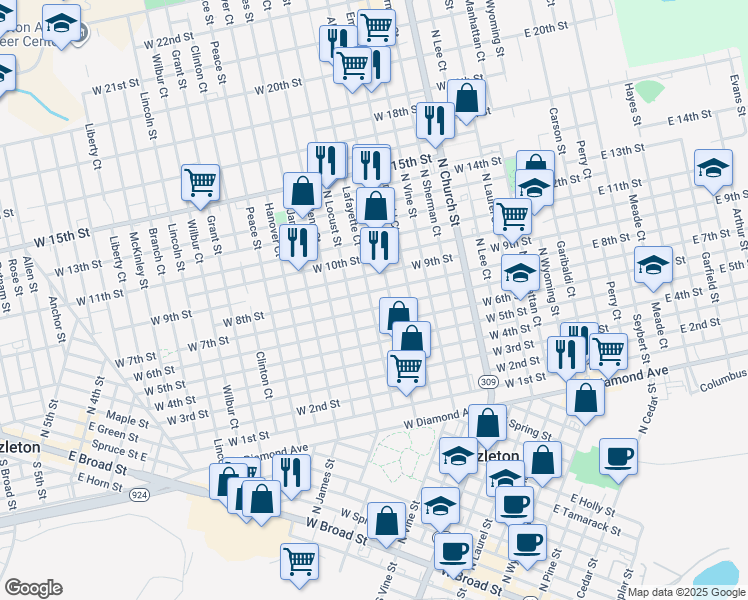 map of restaurants, bars, coffee shops, grocery stores, and more near 653 Lafayette Court in Hazleton