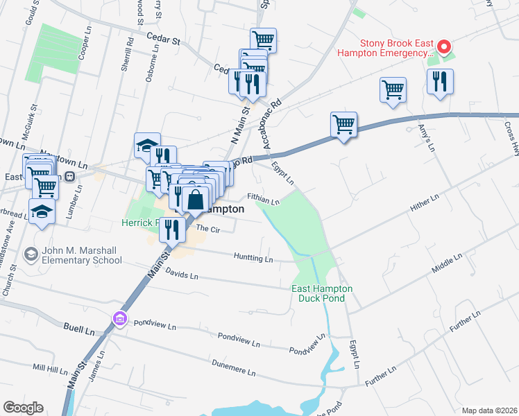 map of restaurants, bars, coffee shops, grocery stores, and more near 31 Fithian Lane in East Hampton