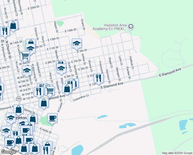 map of restaurants, bars, coffee shops, grocery stores, and more near 548 Cleveland St in Hazleton