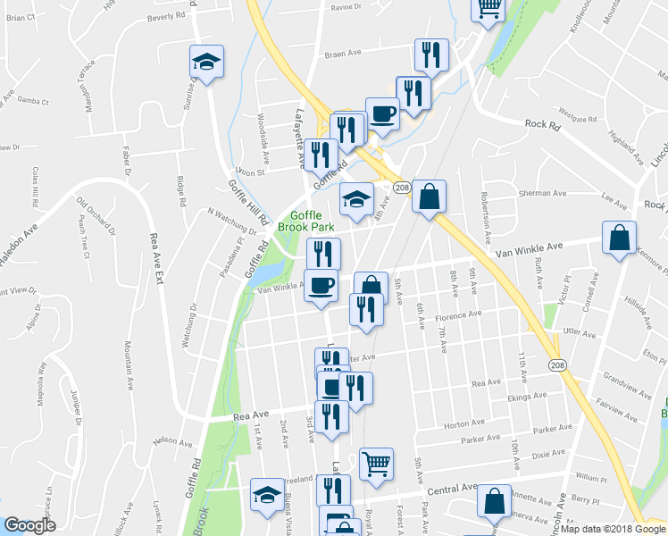 map of restaurants, bars, coffee shops, grocery stores, and more near 10 Alexandria Avenue in Hawthorne
