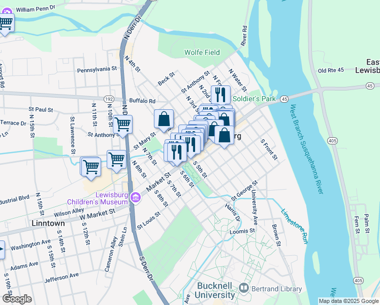 map of restaurants, bars, coffee shops, grocery stores, and more near 434 Market Street in Lewisburg