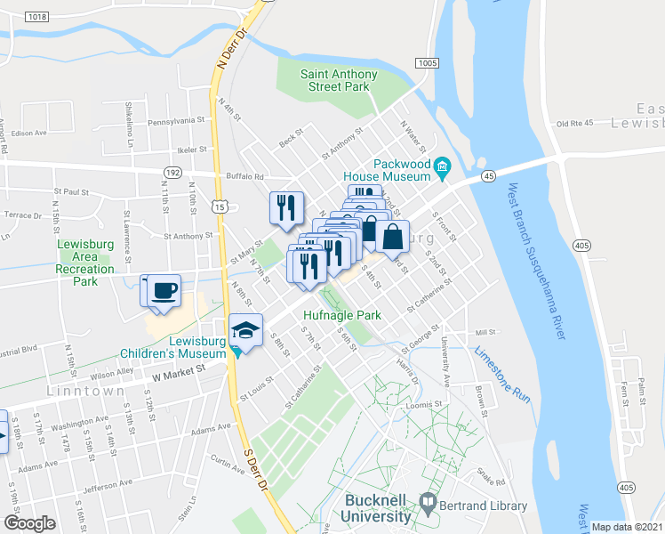 map of restaurants, bars, coffee shops, grocery stores, and more near 434 Market Street in Lewisburg