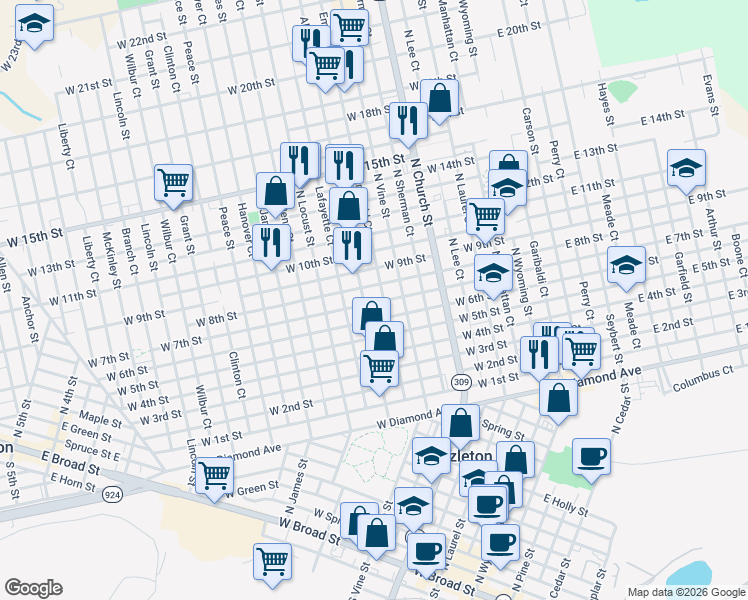 map of restaurants, bars, coffee shops, grocery stores, and more near 645 Alter Street in Hazleton