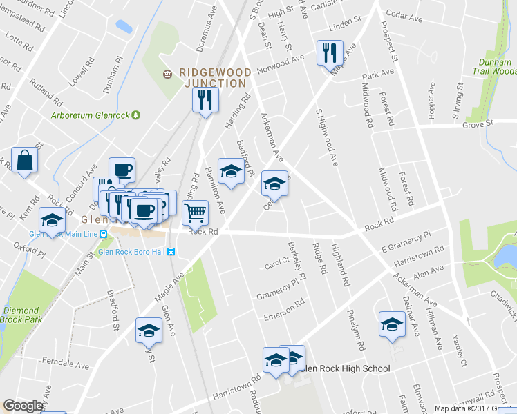 map of restaurants, bars, coffee shops, grocery stores, and more near 33 Central Avenue in Glen Rock