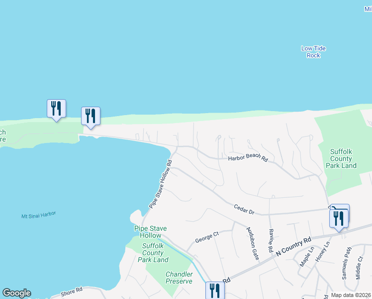 map of restaurants, bars, coffee shops, grocery stores, and more near 76 Harbor Beach Road in Miller Place