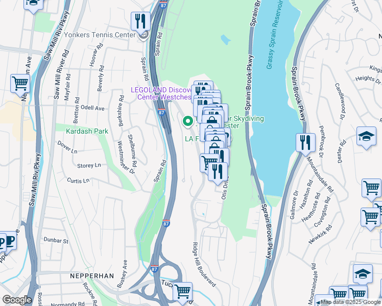 map of restaurants, bars, coffee shops, grocery stores, and more near 701 Ridge Hill Boulevard in Yonkers