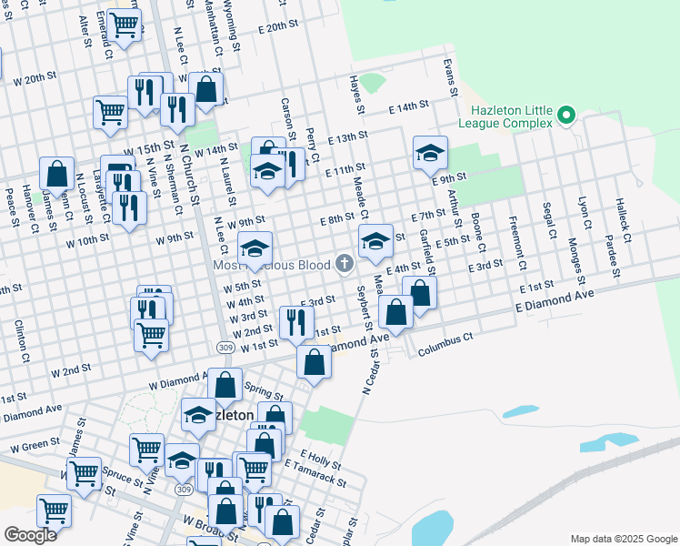 map of restaurants, bars, coffee shops, grocery stores, and more near 591 Perry Court in Hazleton