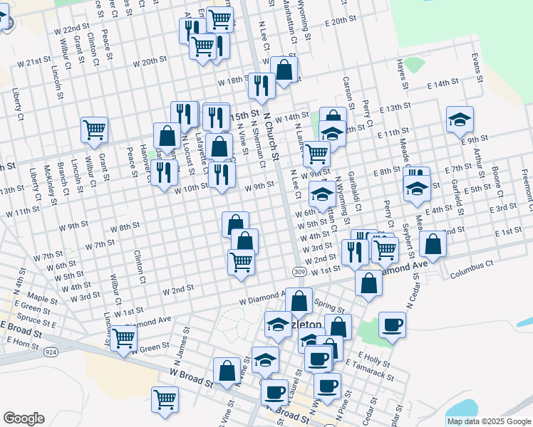 map of restaurants, bars, coffee shops, grocery stores, and more near 626 N Church St in Hazleton
