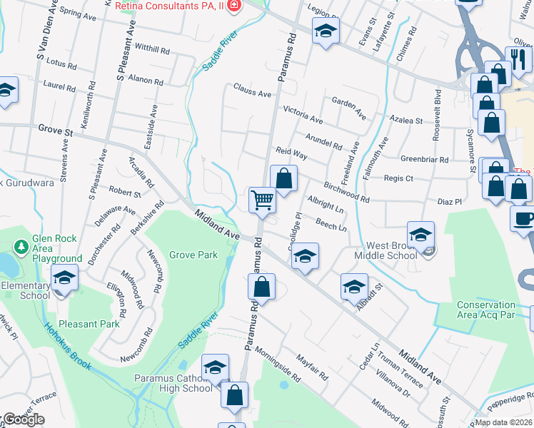 map of restaurants, bars, coffee shops, grocery stores, and more near 554 Paramus Road in Paramus