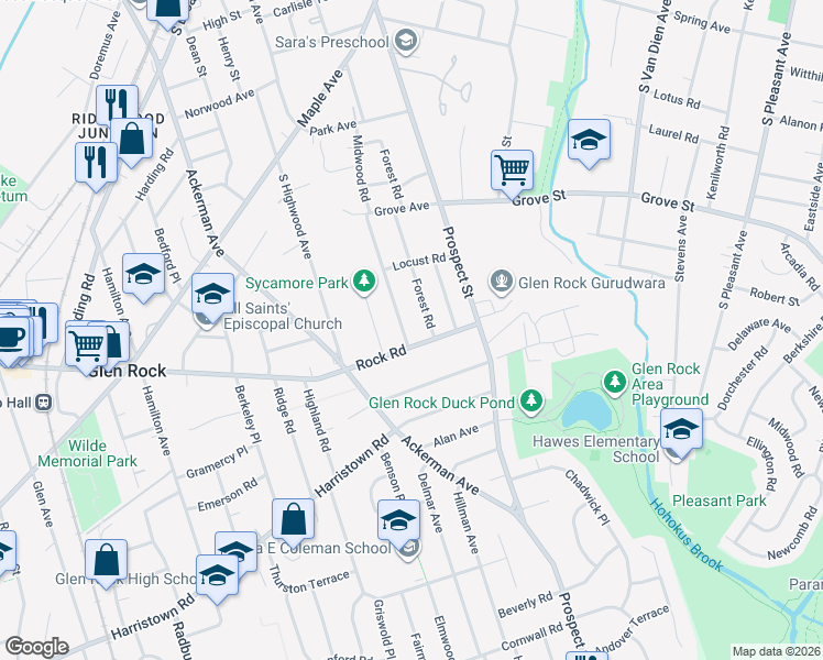 map of restaurants, bars, coffee shops, grocery stores, and more near 179 Midwood Rd in Glen Rock
