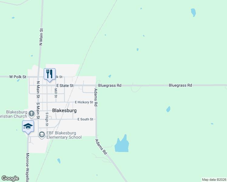 map of restaurants, bars, coffee shops, grocery stores, and more near 24324-24578 Bluegrass Road in Blakesburg