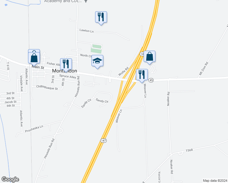 map of restaurants, bars, coffee shops, grocery stores, and more near 351 Sandy Circle in Milton