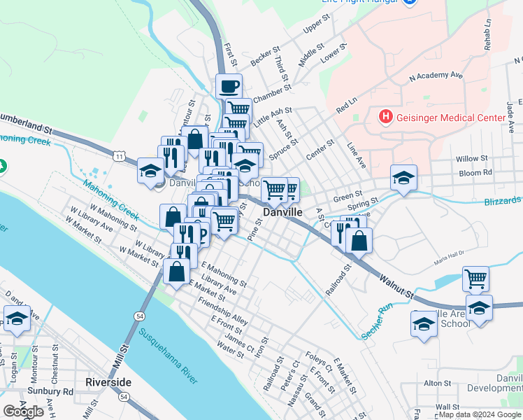 map of restaurants, bars, coffee shops, grocery stores, and more near 649 Pine Street in Danville