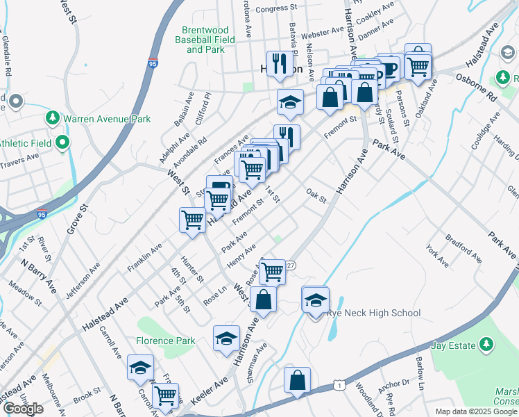 map of restaurants, bars, coffee shops, grocery stores, and more near 79 Fremont Street in Harrison