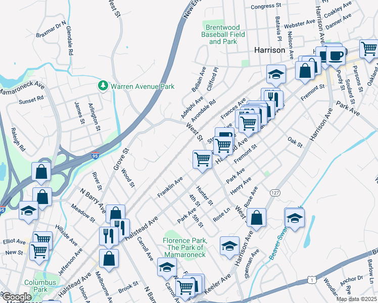 map of restaurants, bars, coffee shops, grocery stores, and more near 70 West Street in Harrison
