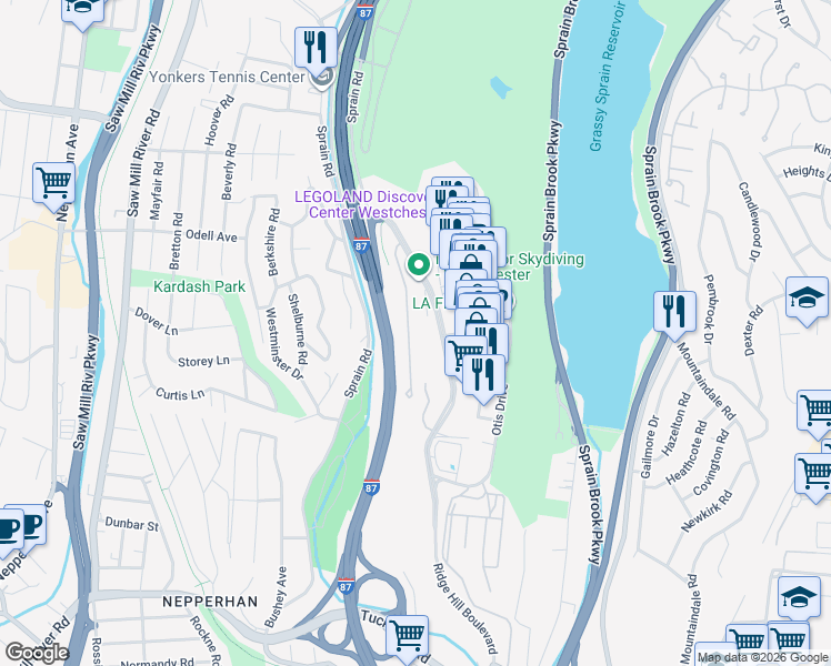 map of restaurants, bars, coffee shops, grocery stores, and more near 701 Ridge Hill Boulevard in Yonkers