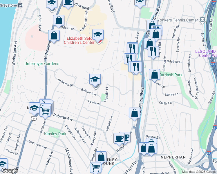 map of restaurants, bars, coffee shops, grocery stores, and more near 19 Corbalis Place in Yonkers