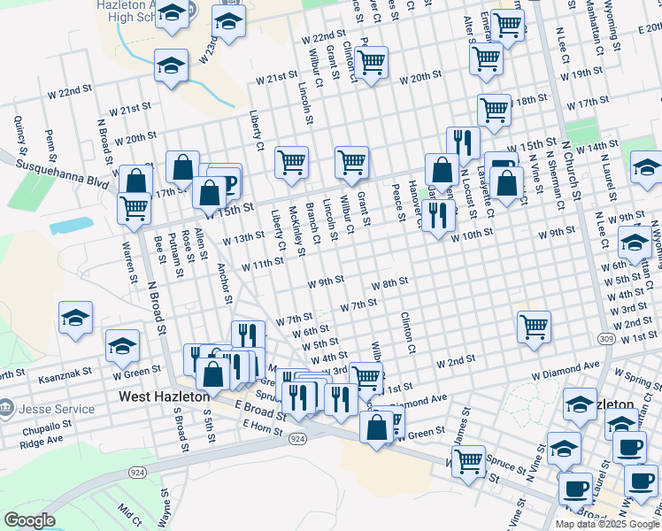 map of restaurants, bars, coffee shops, grocery stores, and more near 706 Lincoln Street in Hazleton