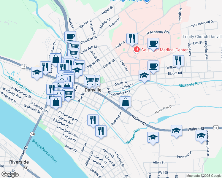 map of restaurants, bars, coffee shops, grocery stores, and more near 445 Spring Street in Danville