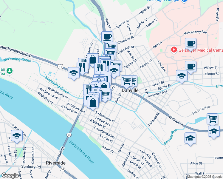 map of restaurants, bars, coffee shops, grocery stores, and more near 21 Lower Mulberry Street in Danville