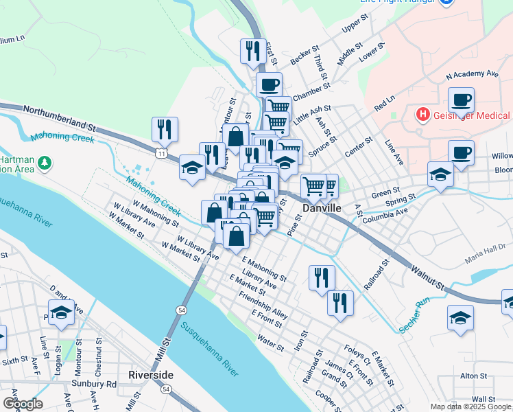 map of restaurants, bars, coffee shops, grocery stores, and more near 571 Mill Street in Danville