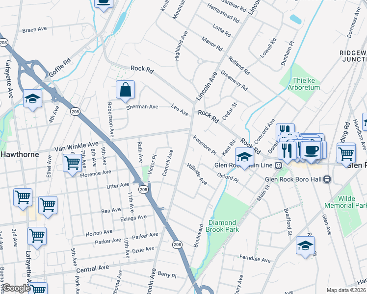 map of restaurants, bars, coffee shops, grocery stores, and more near 624 Lincoln Avenue in Hawthorne