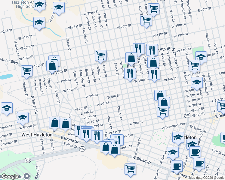 map of restaurants, bars, coffee shops, grocery stores, and more near 733 W 9th St in Hazleton