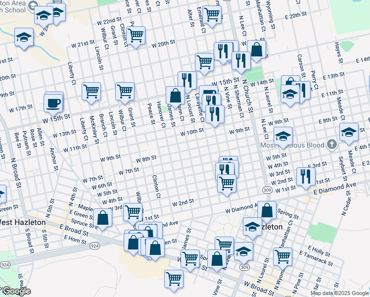 map of restaurants, bars, coffee shops, grocery stores, and more near 661 North James Street in Hazleton