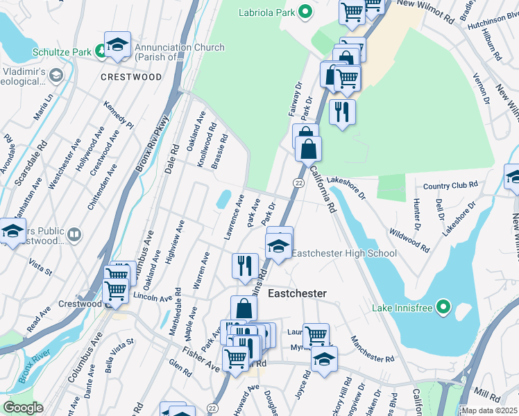 map of restaurants, bars, coffee shops, grocery stores, and more near 236 Park Avenue in Eastchester