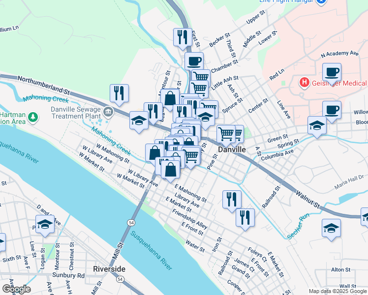 map of restaurants, bars, coffee shops, grocery stores, and more near 321 Mill Street in Danville