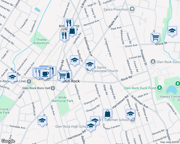 map of restaurants, bars, coffee shops, grocery stores, and more near 40 Central Avenue in Glen Rock