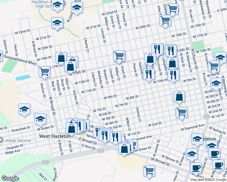 map of restaurants, bars, coffee shops, grocery stores, and more near 706 Lincoln Street in Hazleton