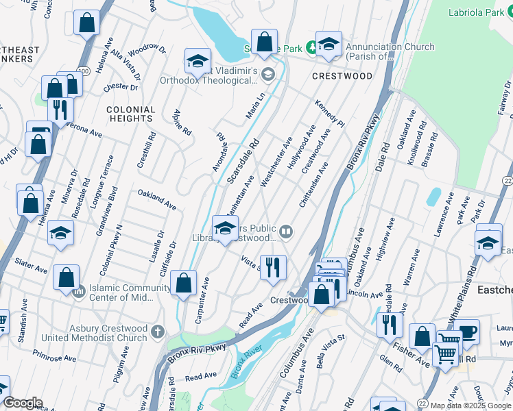 map of restaurants, bars, coffee shops, grocery stores, and more near 254 Westchester Avenue in Yonkers
