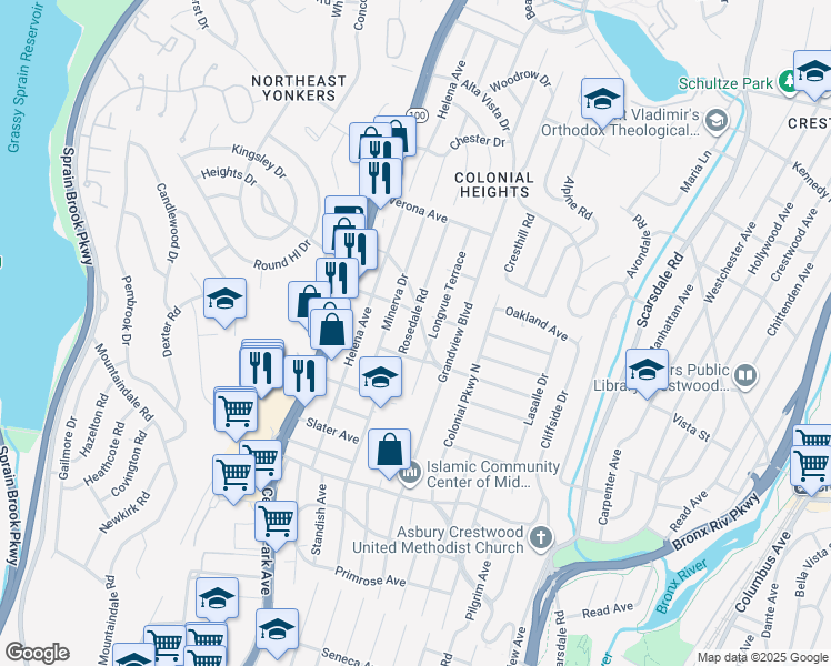 map of restaurants, bars, coffee shops, grocery stores, and more near 60 Saint George Parkway in Yonkers