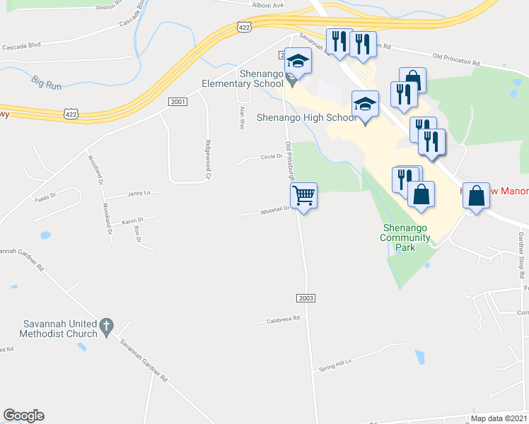 map of restaurants, bars, coffee shops, grocery stores, and more near 800 Whitetail Drive in New Castle