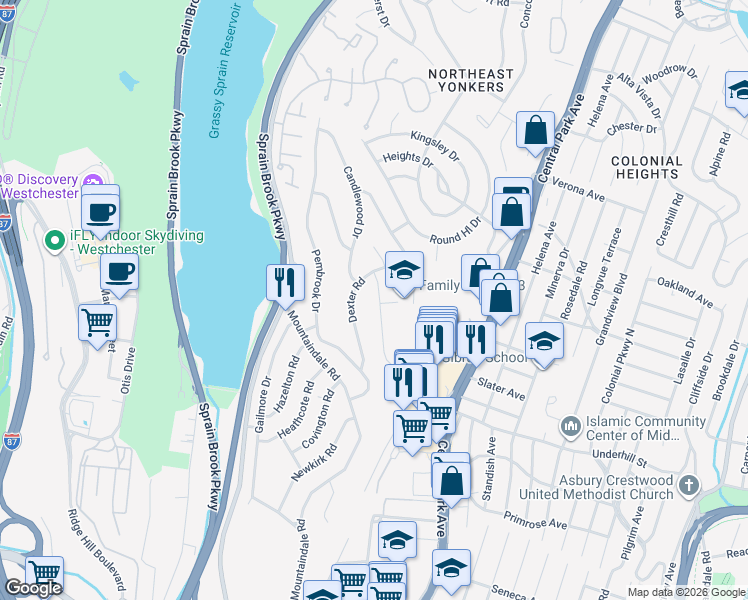map of restaurants, bars, coffee shops, grocery stores, and more near 14 Montclair Road in Yonkers